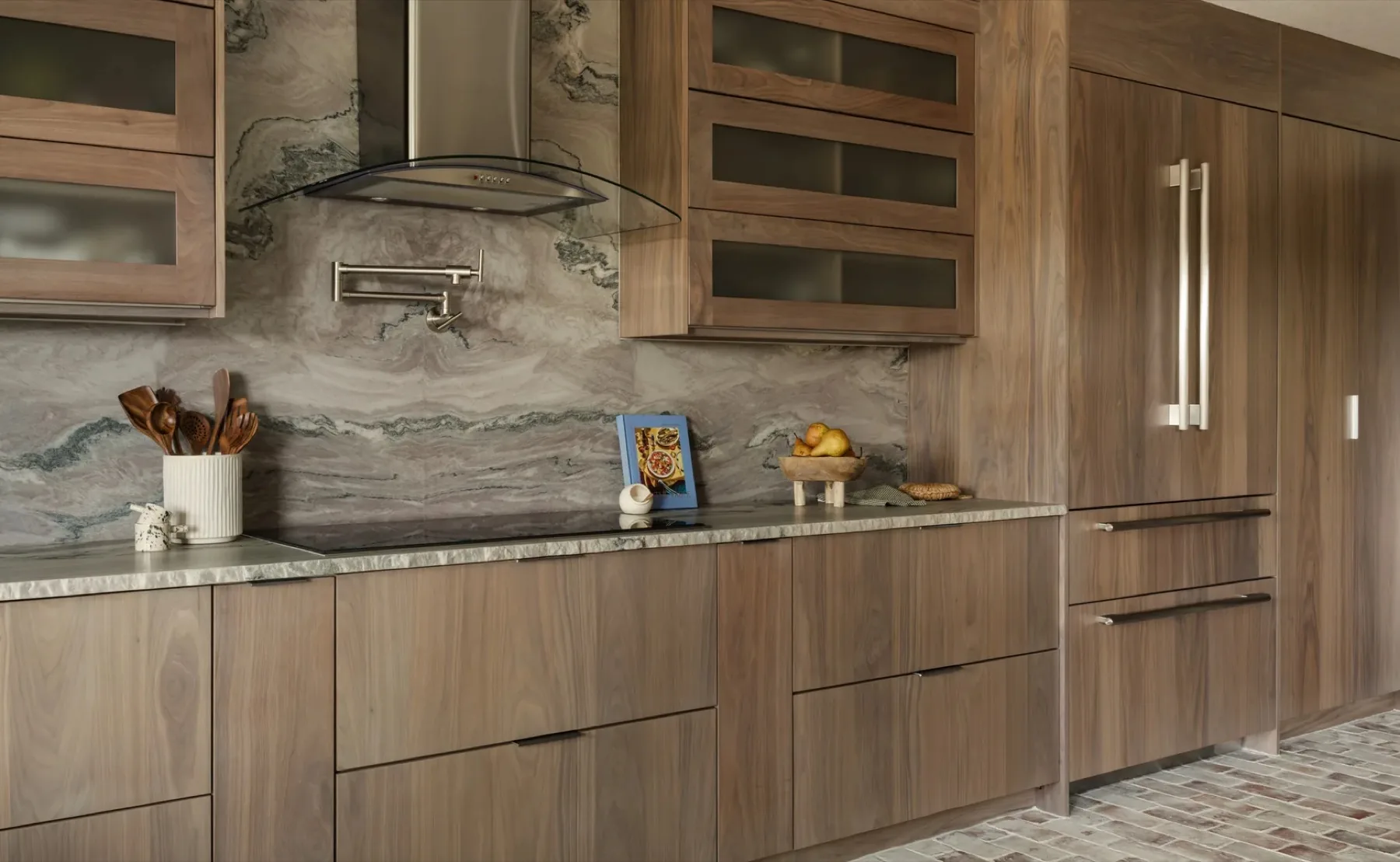 Burnside Circle Residence kitchen with walnut flat-panel Bellmont cabinetry